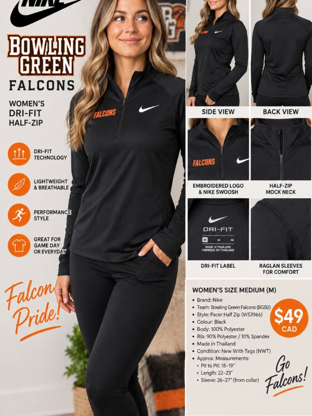 Nike Bowling Green Falcons Dri-FIT Half-Zip Women’s Medium NWT